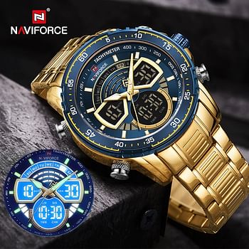 NAVIFORCE NF9189 Stainless Steel Dual Movement Digital Analog Dark Night Display Quartz Watch For Men G/BE