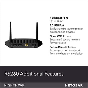 NETGEAR (R6260) - AC1600 Wi-Fi Router Dual Band Wireless Speed (up to 1600 Mbps) | Up to 1200 sq ft Coverage & 20+ Devices | 4 x 1G Fast Ethernet and 1 x 2.0 USB ports