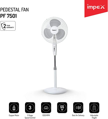 Impex  55W 16" Pedestal Stand Fan with 3 Speed Control and Light, White