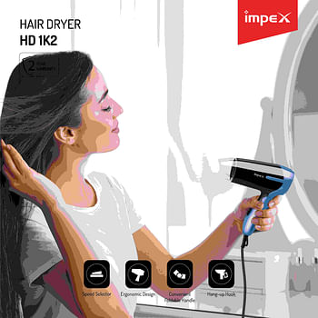 Impex HD 1K2 2000W Fast Drying and Styling Compact Design Hair Dryer with Heat Selector Narrow Concentrator Overheat Protection, Blue