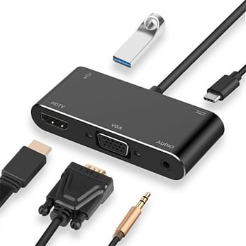 USB C Docking 5 in 1 Type-C to 4K HDMI VGA USB 3.0 Adapter USB C to Audio Jack Headphone Cable PD Converter for MacBook / Computer