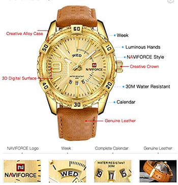 NAVIFORCE Luxury Men Sports Watches Waterproof Quartz Gold Big Face Date Clock