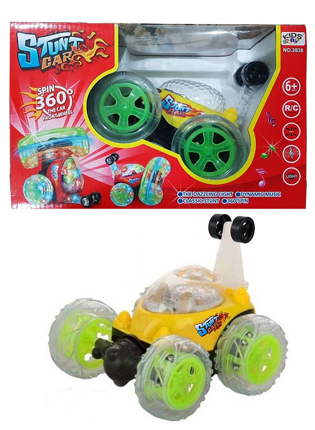 Stunt Car Rotating Spin 360° Flips RC Car Toy With Light & Music (Yellow)