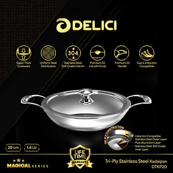 DELICI DTKP 20 Tri-Ply Stainless Steel Kadai Pan with Premium SS Handle