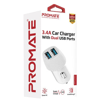 Promate 3.4A Car Charger, Universal Compact 3.4A Fast Charging Car Adapter with Smart Output Compatible and Short Circuit Protection for Smartphones, Tablet, All USB Enabled Devices, VolTrip-Duo White