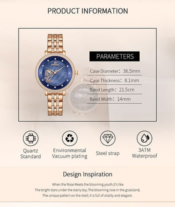 NAVIFORCE NF5017 Casual Diamond Surrounded Stainless Steel Rose Relief Watch For Women - RG/BE