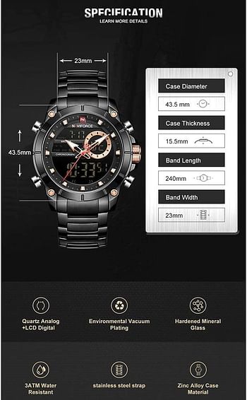 Naviforce Men's Black Dial Stainless Steel Analogue Classic Watch - NF9163-BB
