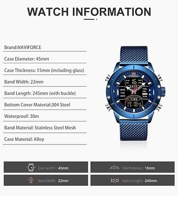 NAVIFORCE 9153 Man Quartz Watch Dual Time Calendar Week Date Display Noctilucent Waterproof Stainless Steel Band Male Wristwatch BE/BE