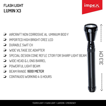 Impex  Rechargeable LED Handheld Flashlight (Distance Covered Upto 1600 Meters)