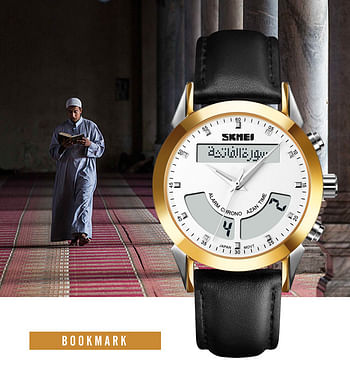 SKMEI Q036 Top Brand Muslim Men Watches Qibla Compass Adhan Alarm Hijri Calendar Islamic Al Harameen Fajr Time Wristwatch Leather Straps - SB