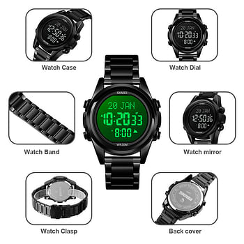 Skmei Muslim Digital Watch for Prayer Qibla Compass Hijri Calendar Quran Bookmark City Selection Function Date Week Alarm Backlight 3ATM Waterproof Men Azan Watches Islamic Wristband Men's Gifts Gold