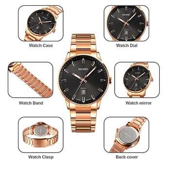 SKMEI 1878 Mens Watches Top Brand Luxury Stainless Steel Strap 3Bar Waterproof Date Time Watch Quartz Wristwatch - Rose Gold