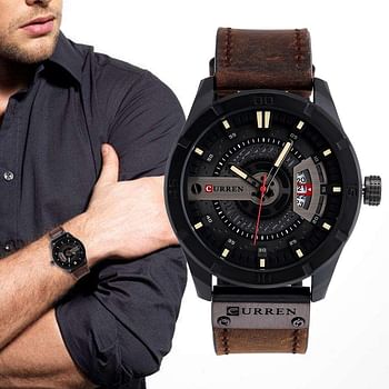 Quartz Watch For Men, Waterproof Analog Watches, Business Leather Strap Men's Wristwatch with Date 8301（Black-Brown）