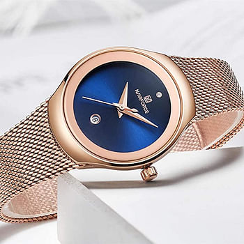 Naviforce NF5004 Luxury Designer Women's Watch Milanese Stainless Steel Ladies Watch with Date Display - Blue, Gold