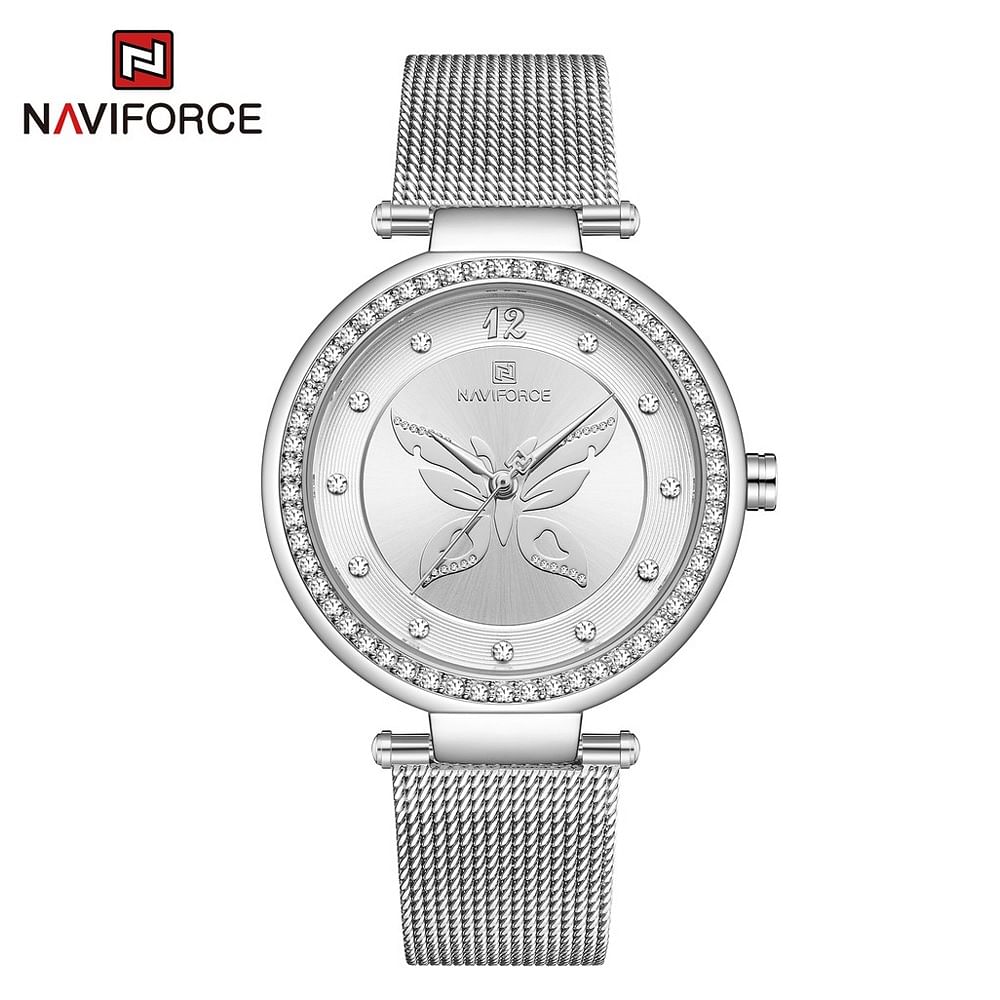 NAVIFORCE NF5018 Elegant Butterfly Pattern Diamond Stainless Steel Mesh Strap Quartz Wtch For Women S/W