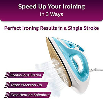 Philips EasySpeed Steam Iron GC1028/20 - 2000 W, Quick Heat-up with up to 25 g/min Continuous steam, Golden American Heritage Soleplate, Steam Boost and Drip Stop Technology