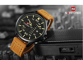 Neviforce NF9074 Men's Black Dial Leather Band Watch - Brown