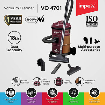 Impex  1600W Vaccum Cleaner Blower function Telescopic metal tube Low noise level Convenient carrying handle