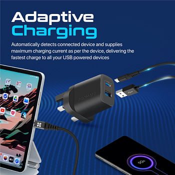 Promate USB-CAdapter, Universal 17W Multi-Port Wall Charger with 5V/3A Type-CPort, 5V/2.4A USB-A Port, Adaptive Charging and Over-Charging Protection for iPhone 13, Samsung Galaxy S22, iPad Air, BiPlug-2 UK Black