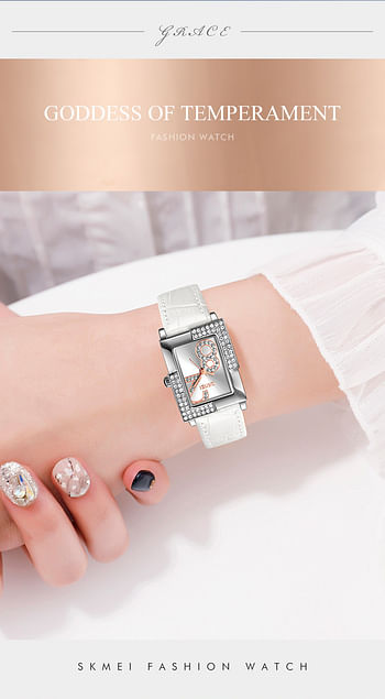 SKMEI 9289 Japan Quartz Movement Watch Women Luxury Rhinestone Time Scale Ladies Wristwatches - White