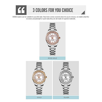 Skmei 1534 Fashion Inlay Case 3Bar Waterproof Stainless Steel Strap Women Quartz Watch Innovative Design Rhinestone Gold