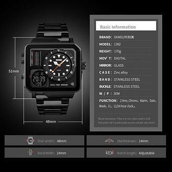 Skmei 1392 Mens Watches Waterproof Fashion Casual Clock Male Digital Quartz Watch Men Stainless Steel Strap Luxury Watch - Black
