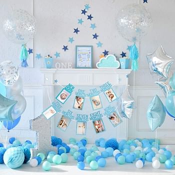 New Born to Twelve Months Birthday Photo Frame Banner for kids | 1st Birthday Decorations Party Props Picture Cards - Blue