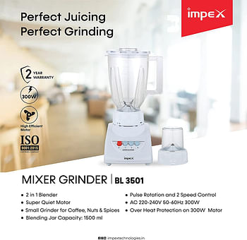 Impex  300W 1.5 Litre Blender Grinder for Coffee Nuts Spices Mixer with 2 Speed Control Pulse Rotation Overheat protection