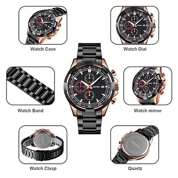 SKMEI 9192 Business Men Quartz Watch Luxury Dress Stopwatch Clock Waterproof Watches Stainless Steel Strap Relogio Masculino- BLK -GD