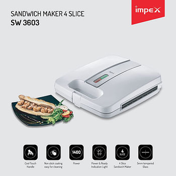 Impex  1400 Watt Portable Electric Sandwich Maker 4 Slice with Cool Touch Housing Non Stick Coating Plate, White