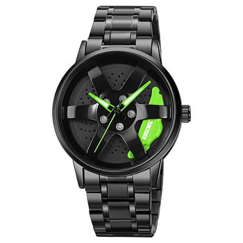 SKMEI 1824 Mens Fashion Watches W/ Stainless Steel Strap & Sports Car Wheel Dial Green