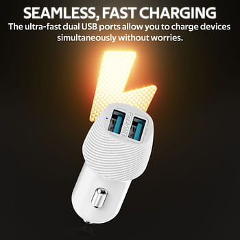 Promate 3.4A Car Charger, Universal Compact 3.4A Fast Charging Car Adapter with Smart Output Compatible and Short Circuit Protection for Smartphones, Tablet, All USB Enabled Devices, VolTrip-Duo White