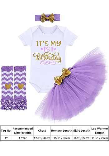 It’s My 1st Birthday Outfit Baby Girl Party Fancy Dress | Photography Costume with Cake Topper | 5 Pcs Set - Purple