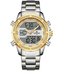 Neviforce NF9190 Dual Time Multifunction Luxury Stainless Steel Watch For Men- Silver Gold