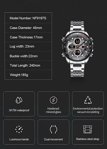 Naviforce  NF9197 New Mens Watches Fashion Sport Men LED Digital Quartz Stainless Steel Band For Men Top Brand Luxury Waterproof - S/B/GY