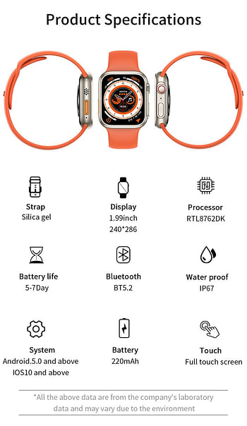 Z59 Ultra Smart Watch Series 8 Wireless Charger Calls Health / Sport Tracker Bluetooth Smartwatch Orange