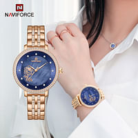 NAVIFORCE NF5017 Casual Diamond Surrounded Stainless Steel Rose Relief Watch For Women - RG/BE