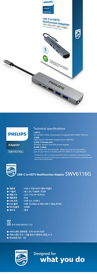 PHILIPS SWV6116G USB C TO HDMI+USB*2+PD+RJ45, 6 in 1