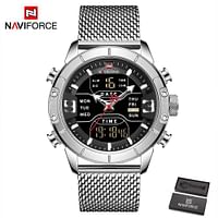 NAVIFORCE 9153 Man Quartz Watch Dual Time Calendar Week Date Display Noctilucent Waterproof Stainless Steel Band Male Wristwatch
