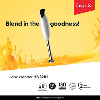 Impex 200 Watts Hand Blender Mixer with 2 Speed Controls / Stainless Steel Blade / Overheat Protection, White