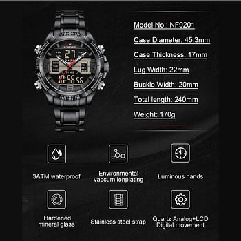 NAVIFORCE NF9201 Men Sport Military Luminous Digital Quartz Luxury Gold 3ATM Waterproof Wrist watch SBW