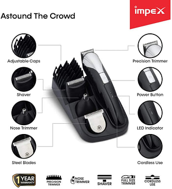 Impex  8-in-1 Professional Multi grooming and Trimmer Kit nose trimmer Cordless with USB Charging 60 Mins Run Time