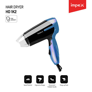 Impex HD 1K2 2000W Fast Drying and Styling Compact Design Hair Dryer with Heat Selector Narrow Concentrator Overheat Protection, Blue