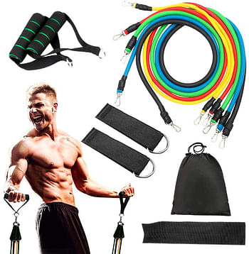 Resistance Band Set 11 Pieces, Workout Exercise Band With Multifunction Handles Door Anchor Ankle Straps Carry Bag For Home Gym Equipment, 1.2 meters - 48 inches - Multicolor