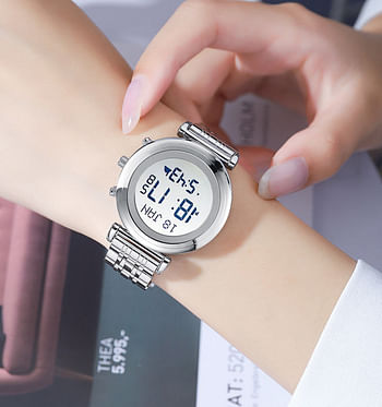 SKMEI 1892 Stainless Steel Back Digital Muslim Alfajr Azan Prayer Wrist Watch Qibla Direction For Women & Men - Silver