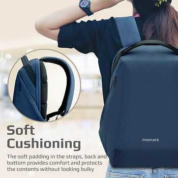Promate Travel Laptop Backpack with Anti-Theft Design, Water Resistance and USB Charging Port, EcoPack-BP Blue