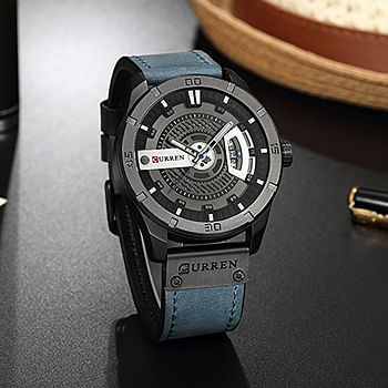 Quartz Watch For Men, Waterproof Analog Watches, Business Leather Strap Men's Wristwatch with Date 8301（black-blue）