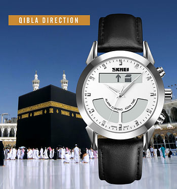 SKMEI Q036 Top Brand Muslim Men Watches Qibla Compass Adhan Alarm Hijri Calendar Islamic Al Harameen Fajr Time Wristwatch Leather Straps - SW