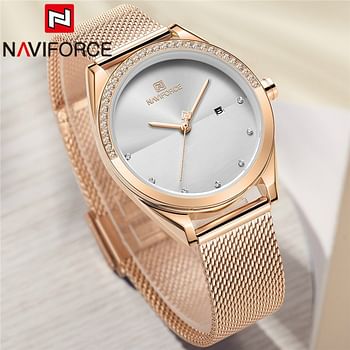 NAVIFORCE NF5015 Ladies Stainless Steel Mesh Crystal Date Display Quartz Watch - RG-S