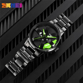 SKMEI 1824 Mens Fashion Watches W/ Stainless Steel Strap & Sports Car Wheel Dial Green